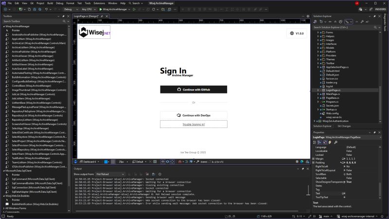 Wisej.NET designer running inside Visual Studio 2026 Insiders Edition