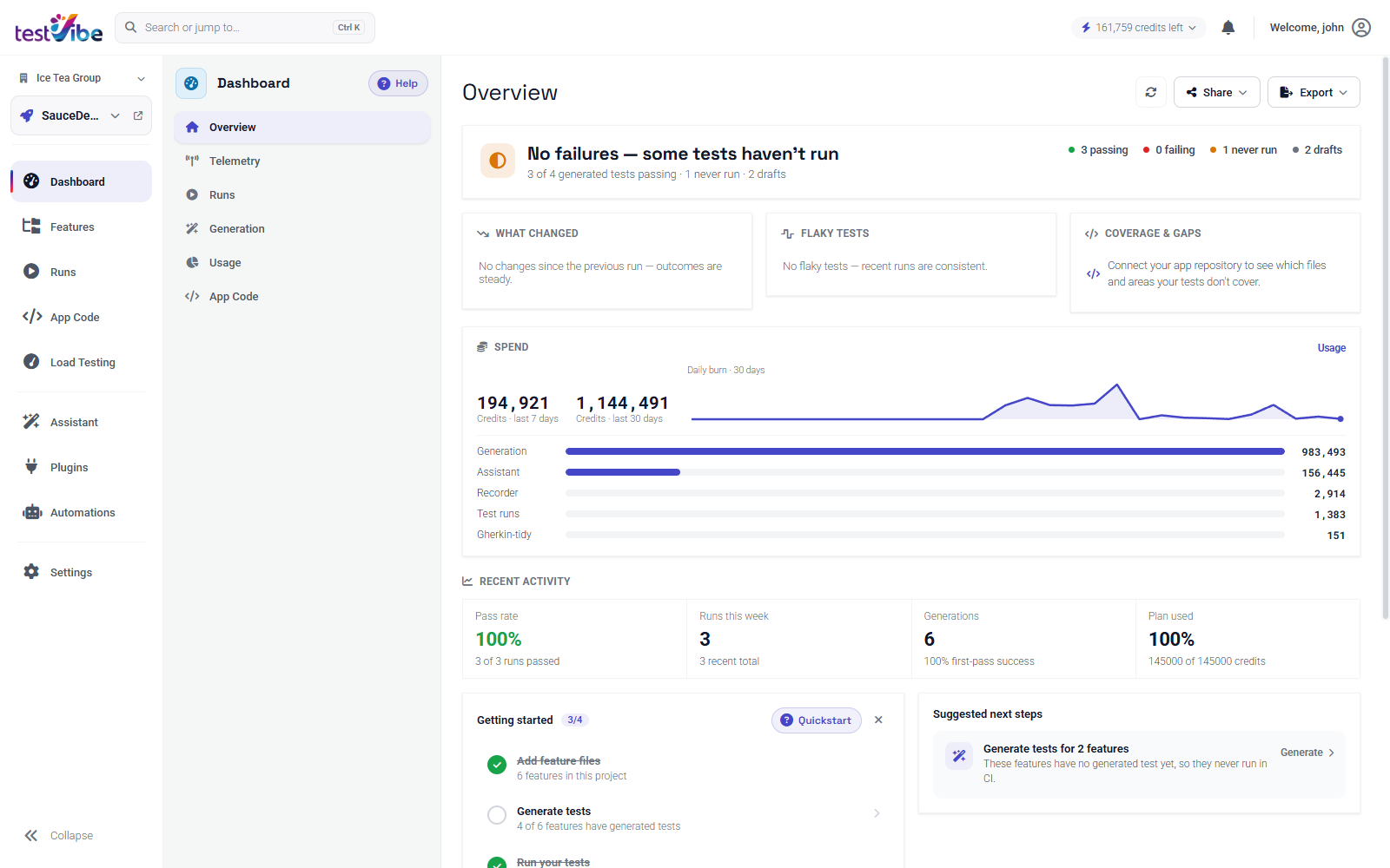 The TestVibe dashboard: pass rate, spend, and recent runs at a glance
