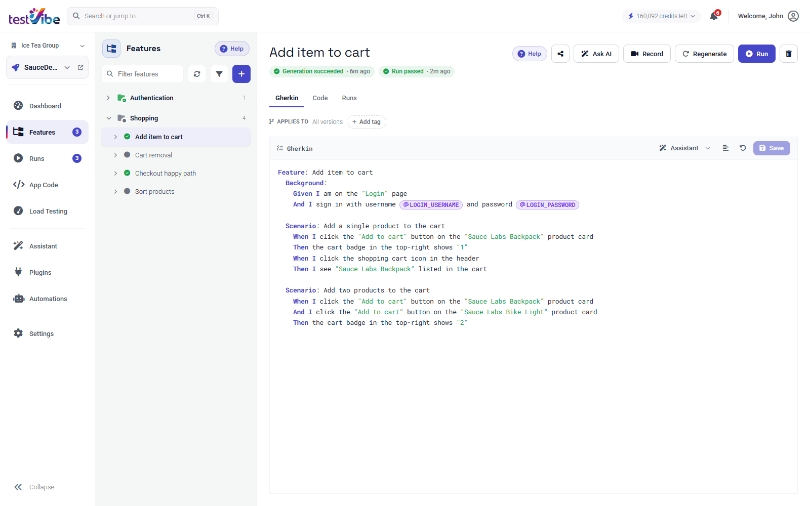 The feature editor: Gherkin scenarios with variable chips instead of hardcoded credentials