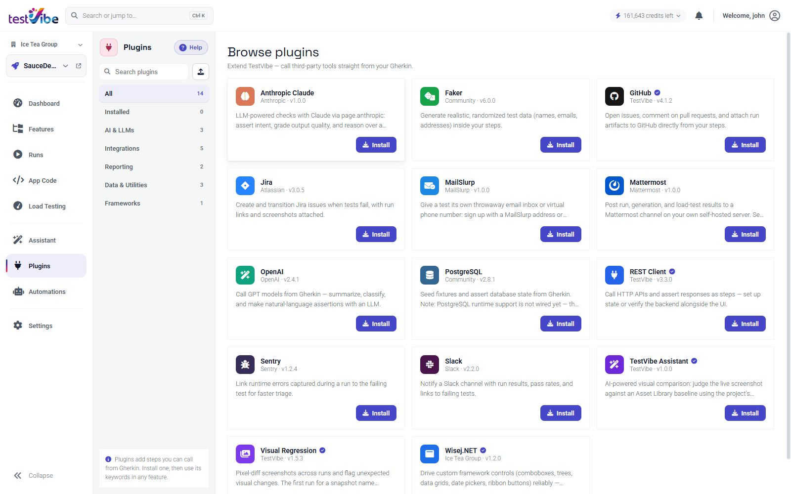 The plugin marketplace: email, SMS, databases, issue trackers, chat, and visual regression