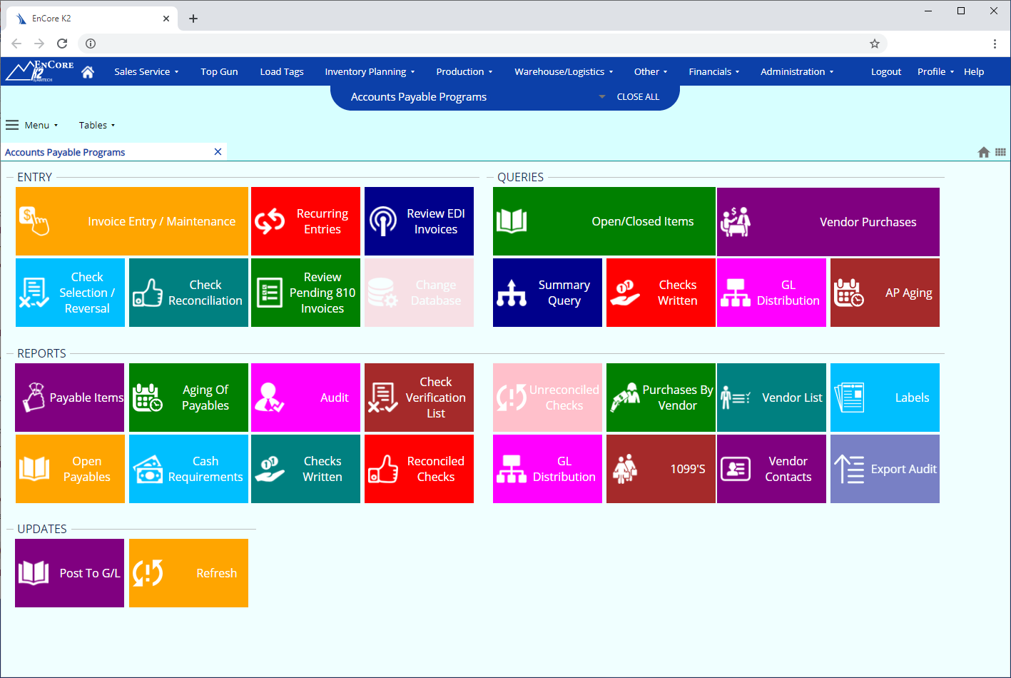 Amtech EnCore production planning screen