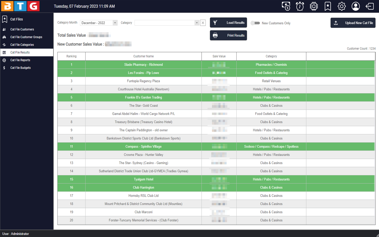 BTG Central operations and management web application screen