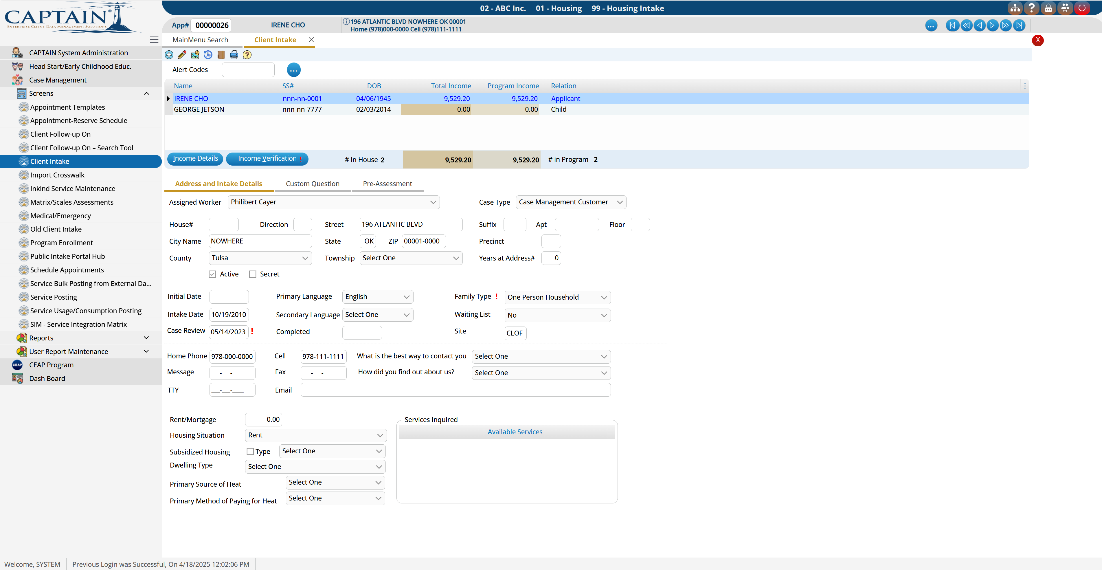 CAPtain intake and income entry screen