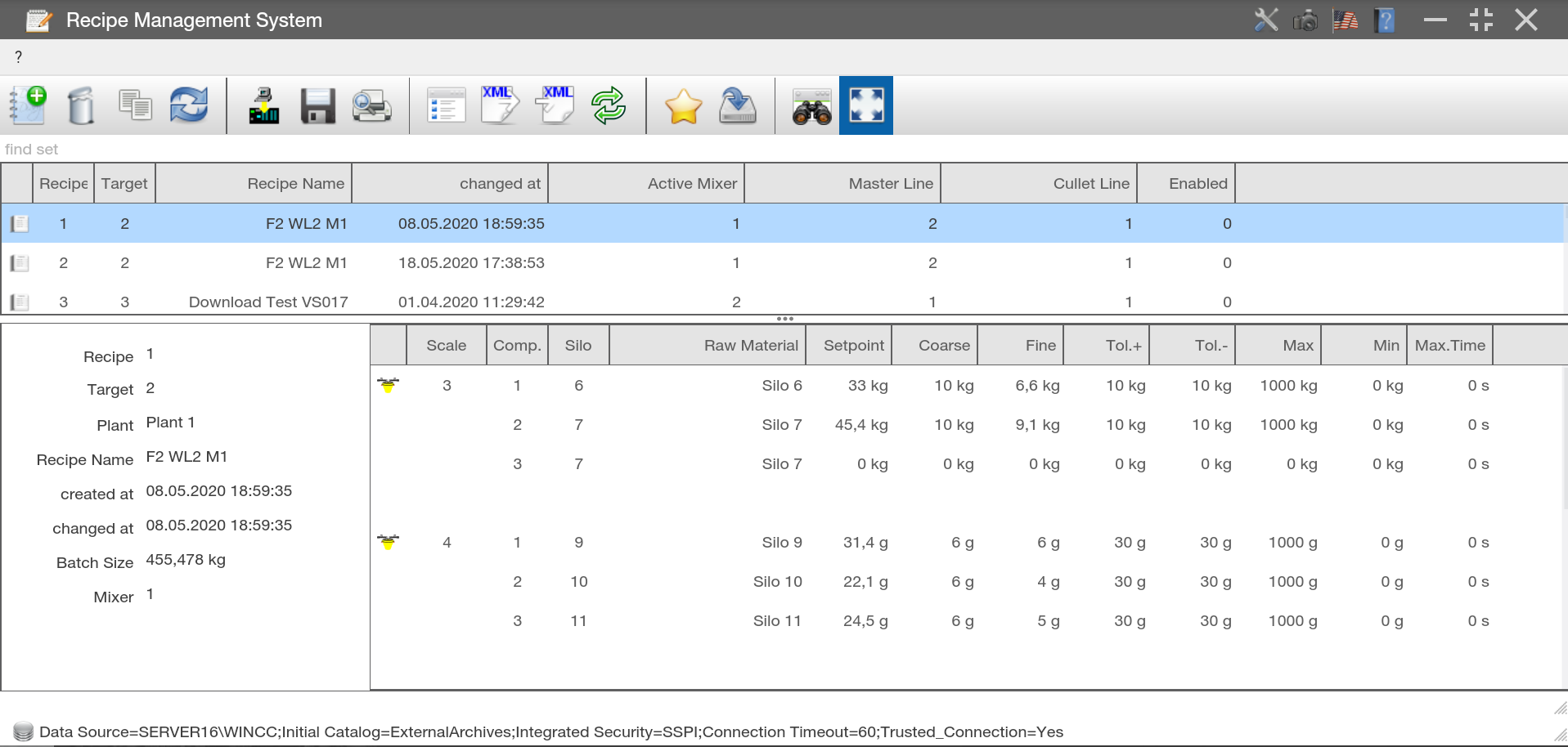 EME batch handling and recipe management screen
