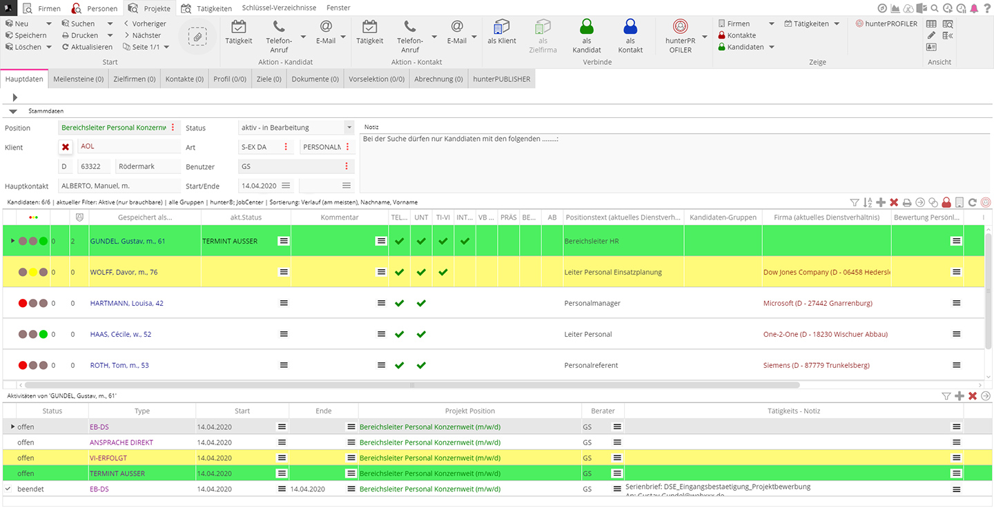 hunter candidate management view