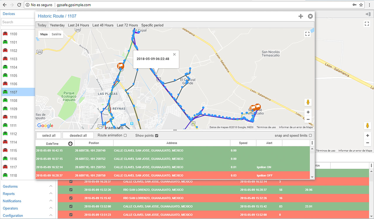GPSafe vehicle position view with route history