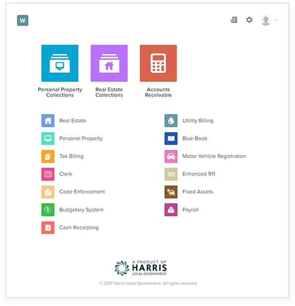 Harris modern web interface with search and multi-tab navigation
