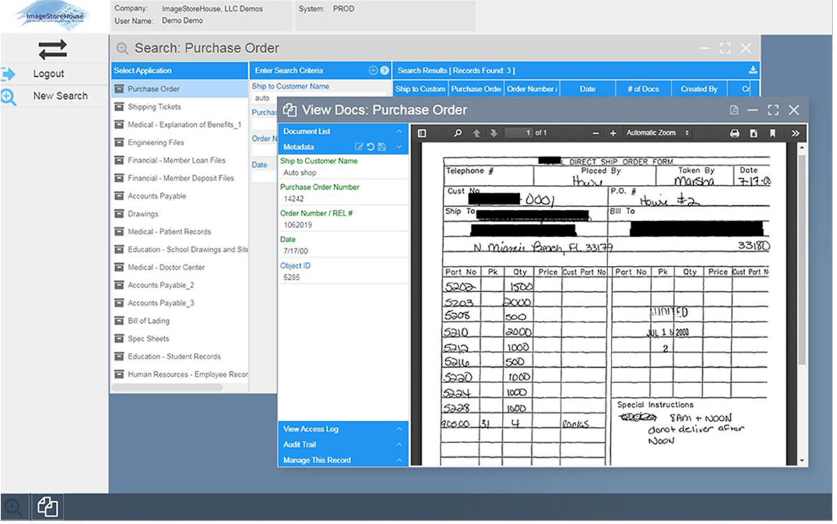 S-Logic document management application shown in a browser