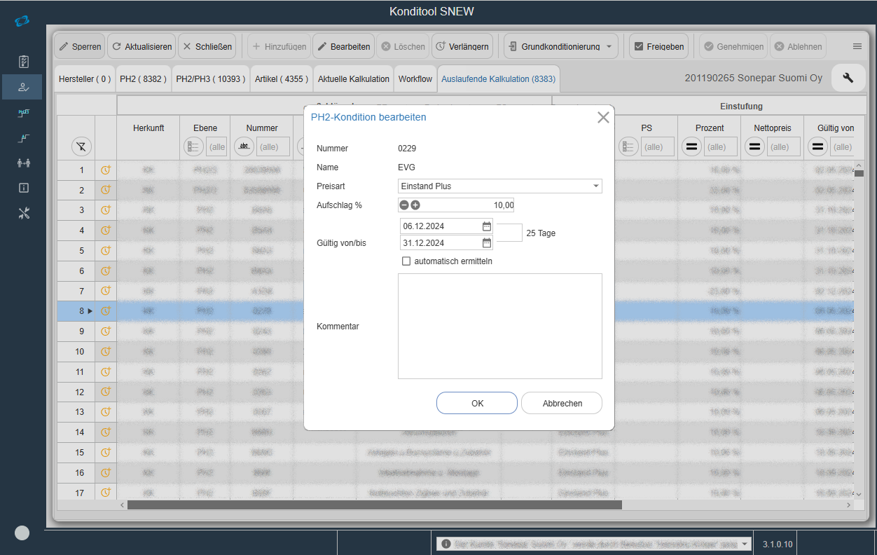Conditioning solution showing mass price-condition records