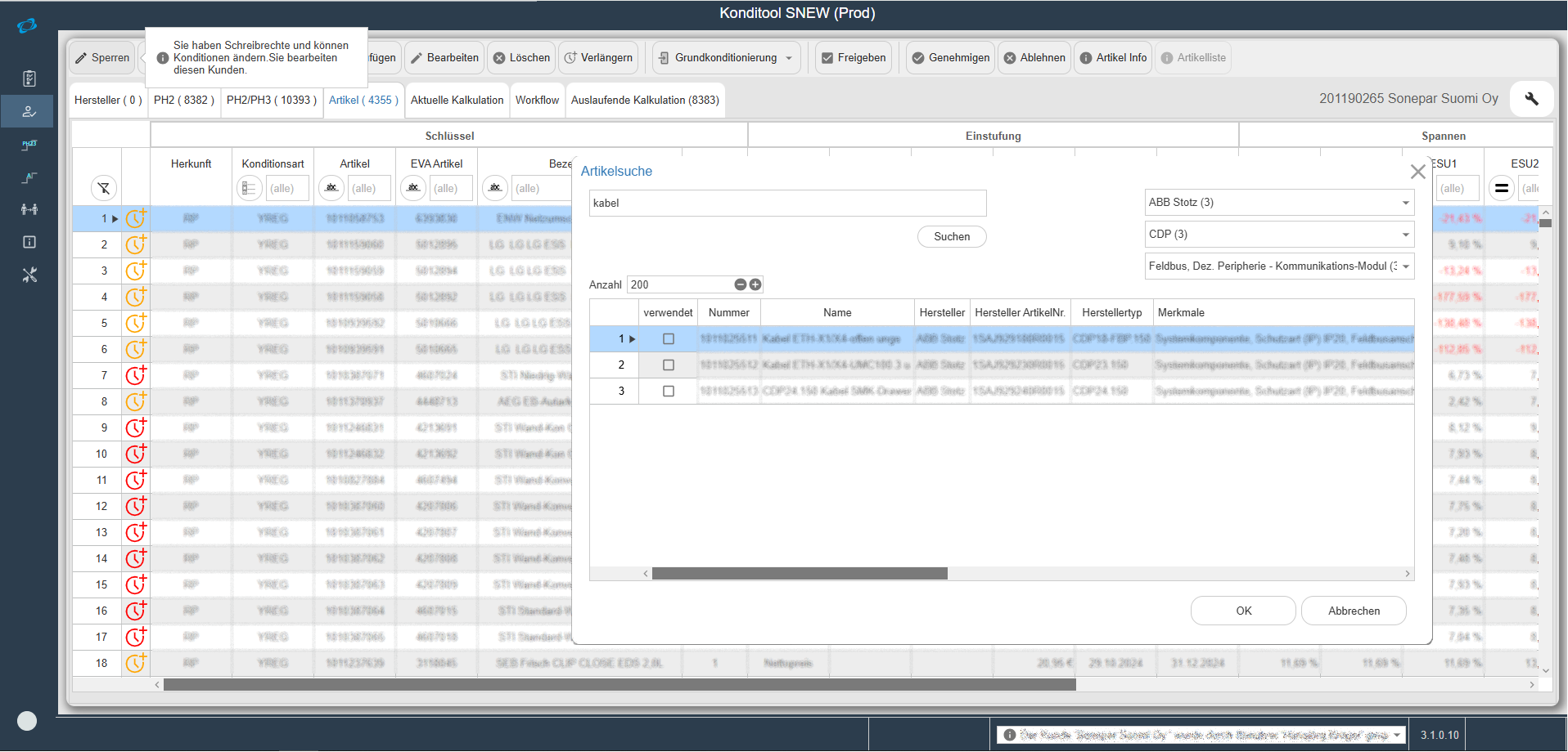 Sonepar Wisej.NET pricing-conditions application running in the browser