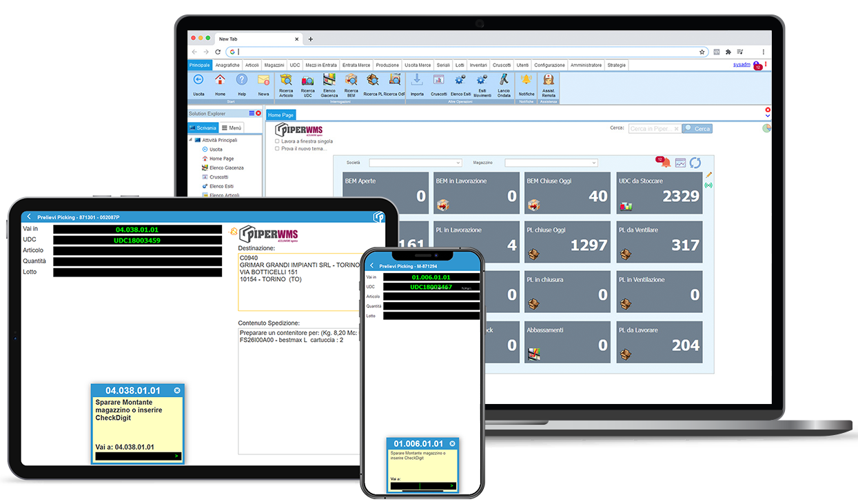 XData PiperWMS warehouse management system running as a web application in a browser with Wisej.NET